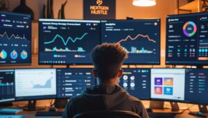 Entrepreneur working late at a desk with multiple monitors displaying digital marketing strategies and analytics for scaling NextGen Hustle.