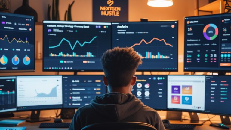Entrepreneur working late at a desk with multiple monitors displaying digital marketing strategies and analytics for scaling NextGen Hustle.