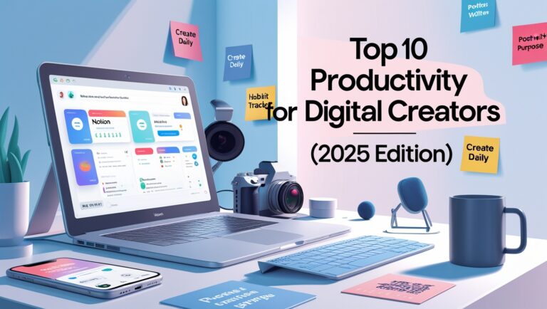 Modern digital illustration showcasing a focused digital creator using productivity tools like a laptop, calendar, and coffee in a minimal workspace – representing Top 10 Productivity Hacks for Digital Creators in 2025
