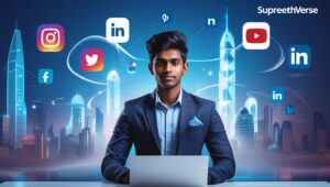 18-year-old entrepreneur working on building their personal brand with social media icons and modern tech setup.
