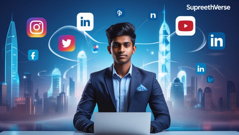 18-year-old entrepreneur working on building their personal brand with social media icons and modern tech setup.