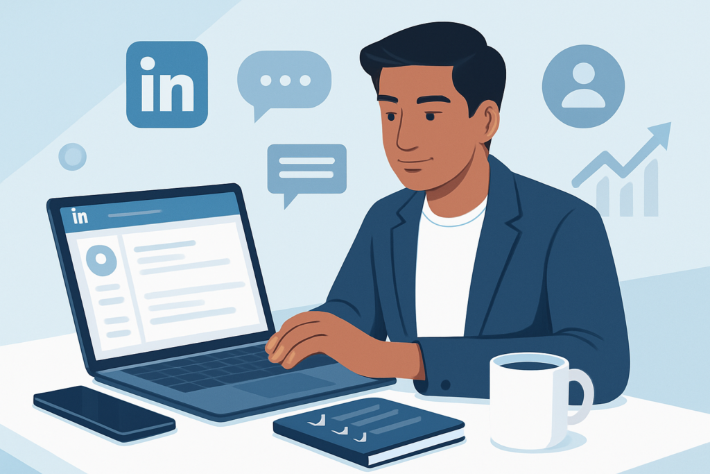 Indian entrepreneur using LinkedIn on a laptop at a modern workspace with digital tools and networking icons in view.