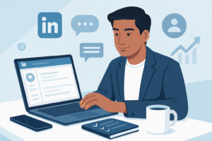 Indian entrepreneur using LinkedIn on a laptop at a modern workspace with digital tools and networking icons in view.