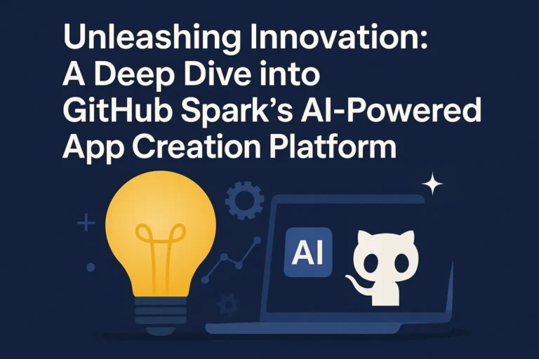 Digital illustration of GitHub Spark AI-powered app creation platform, showcasing futuristic UI elements, coding screens, and AI-driven development tools